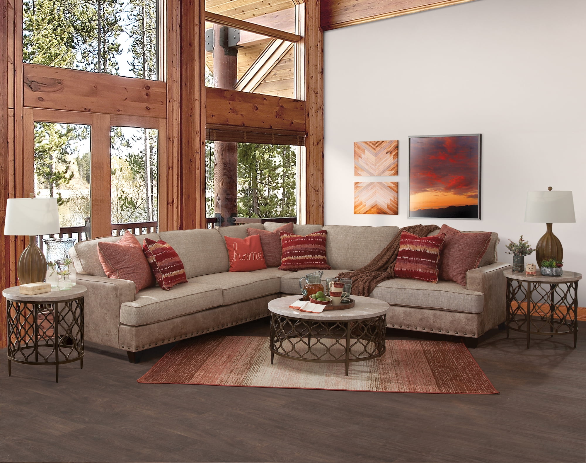 American Furniture Classics Model 8-012-A76V8-K Transitional Track Arm Beige and Brown Three Piece L-Shaped Sectional Sofa with Seven Throw Pillows