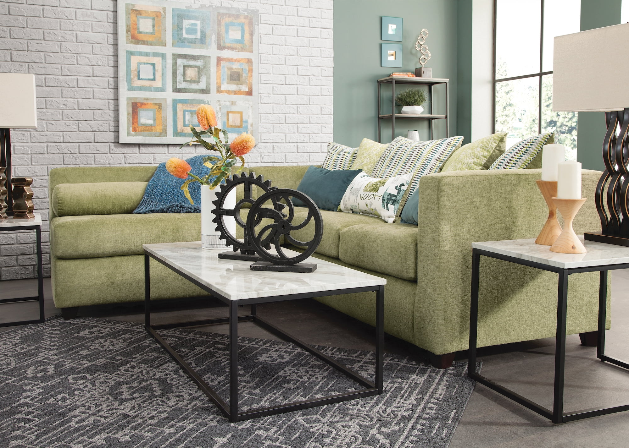 American Furniture Classics Model 8-10-A238V5-K Urban Square Arm Green Two Piece Sectional Sofa with Seven Throw Pillows