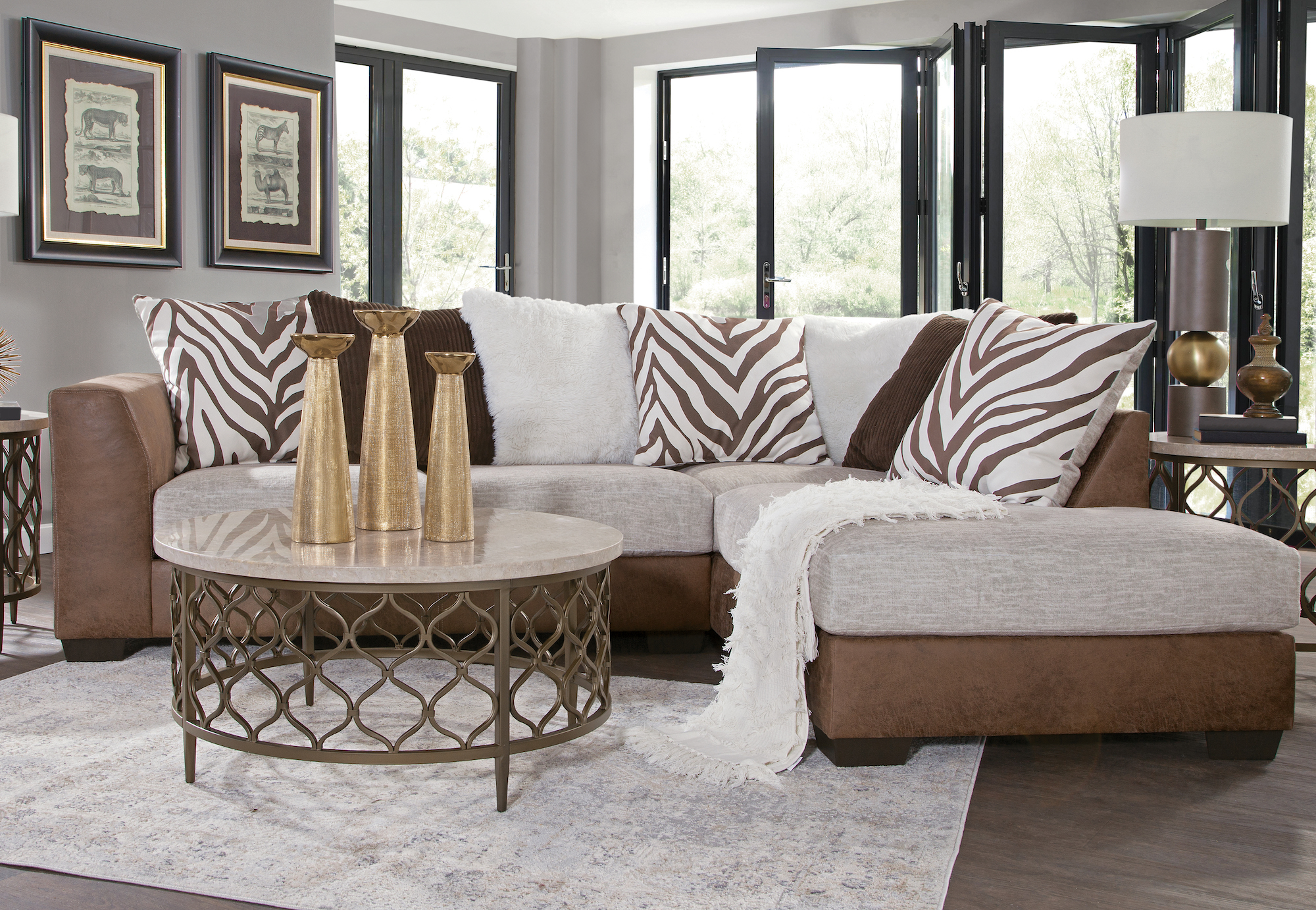 American Furniture Classics Model 8-12-A413V2-K Square Arm Brown and White Two Piece Sectional Sofa with Seven Large Back Pillows