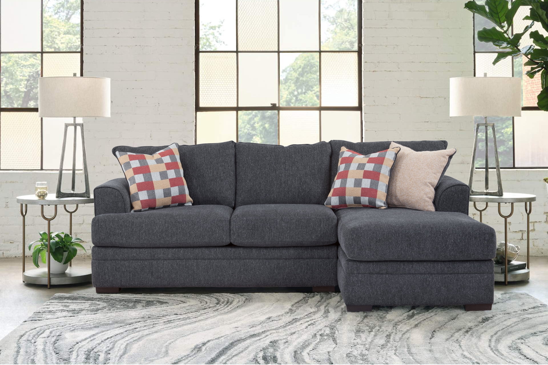 American Furniture Classics Model A39V5 Performance Charcoal Two Piece Sectional Sofa with Three Throw Pillows