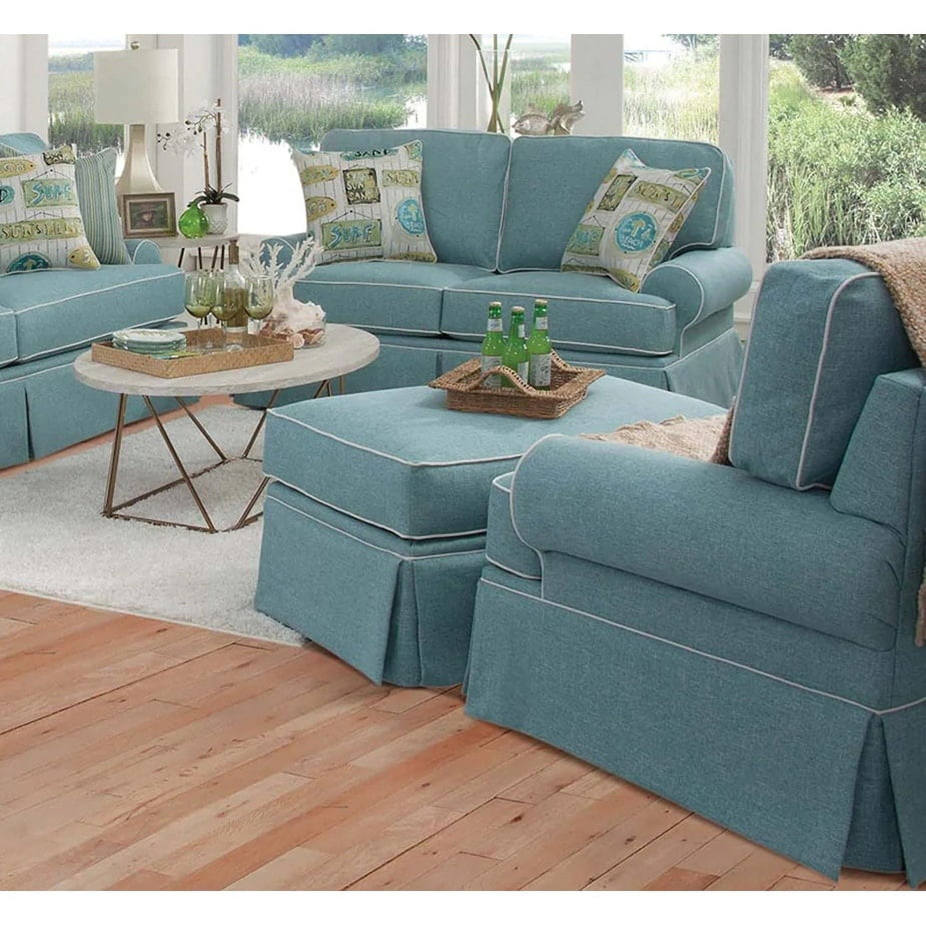 Aqua and Ivory Upholstered Coastal Ottoman with Skirt