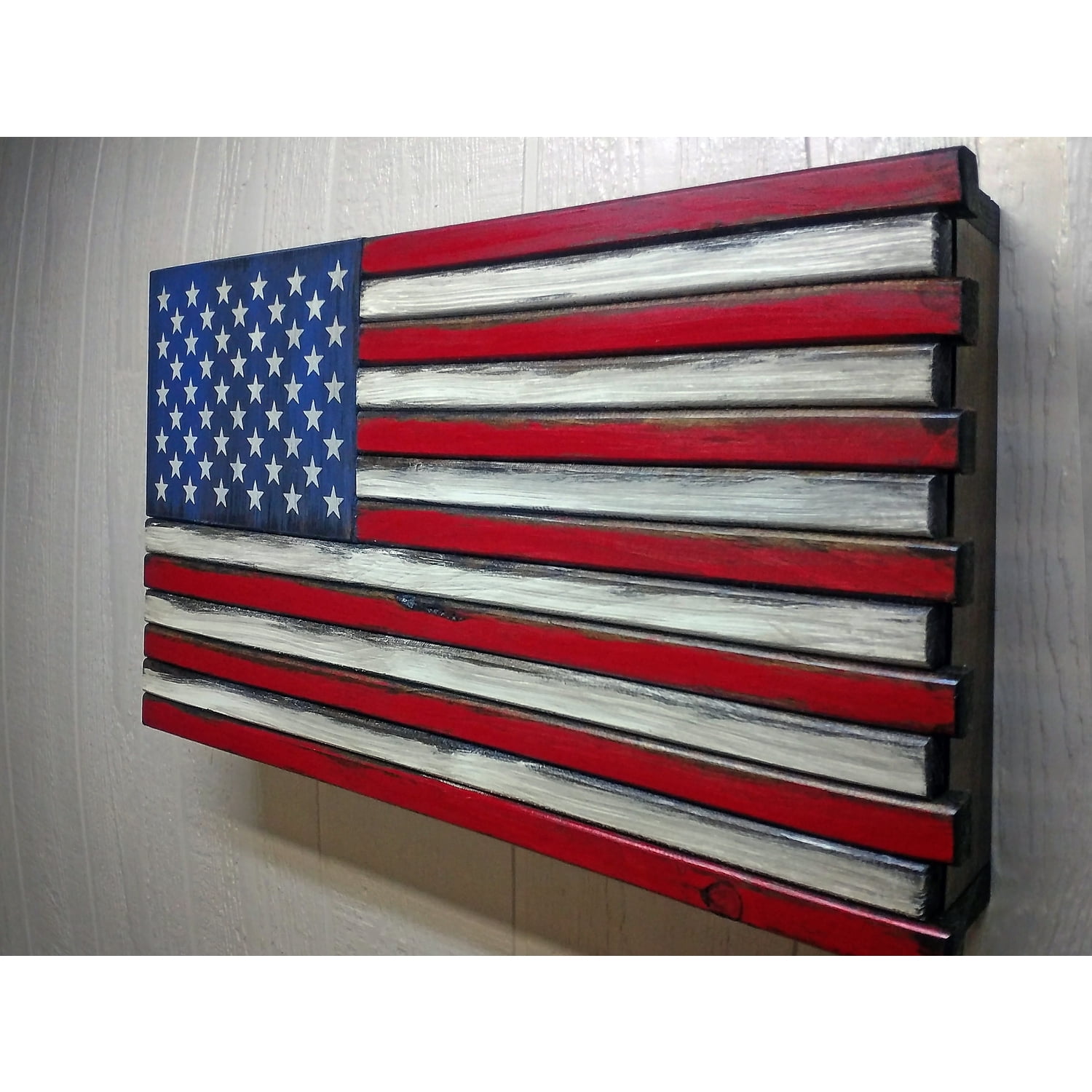 Large American Flag Wooden Wall Mounted Lockable Gun Concealment