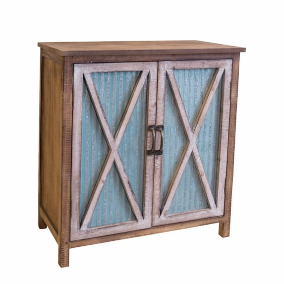 OS Home and Office Furniture Model 75138 Rustic, Weathered, Metal Corrugated Two Door Storage Cabinet with Three Shelves