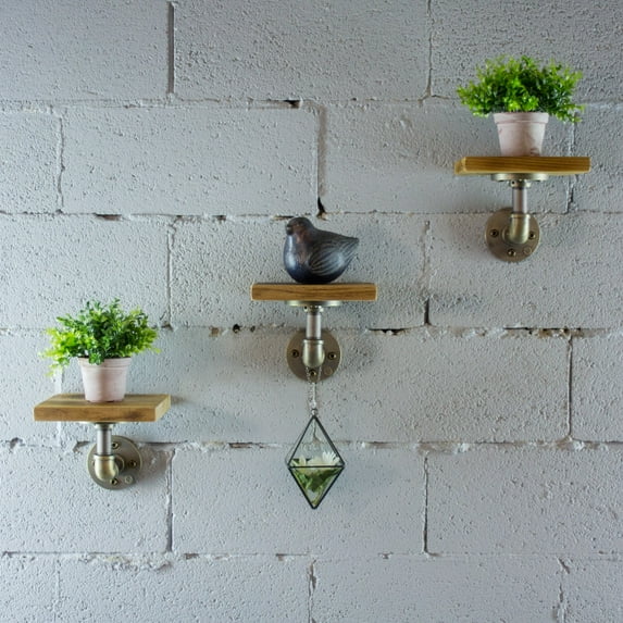 American Furniture Classics OS Home and Office Model P3P-BB Industrial 8-Inch 3-Piece Wall Mounted Pipe Shelf Metal with Reclaimed-Aged Wood Finish