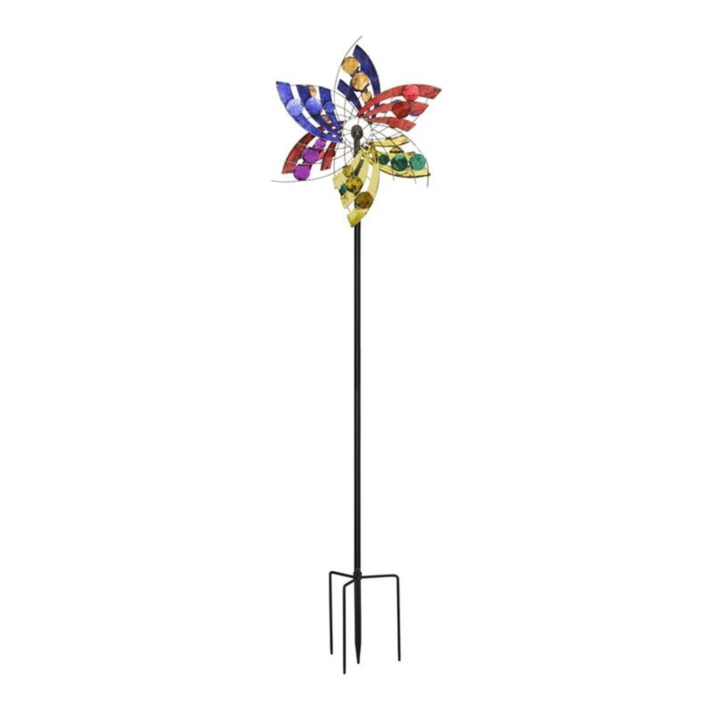 Multicolor Rustic Metal Garden Wind Spinner with Stake