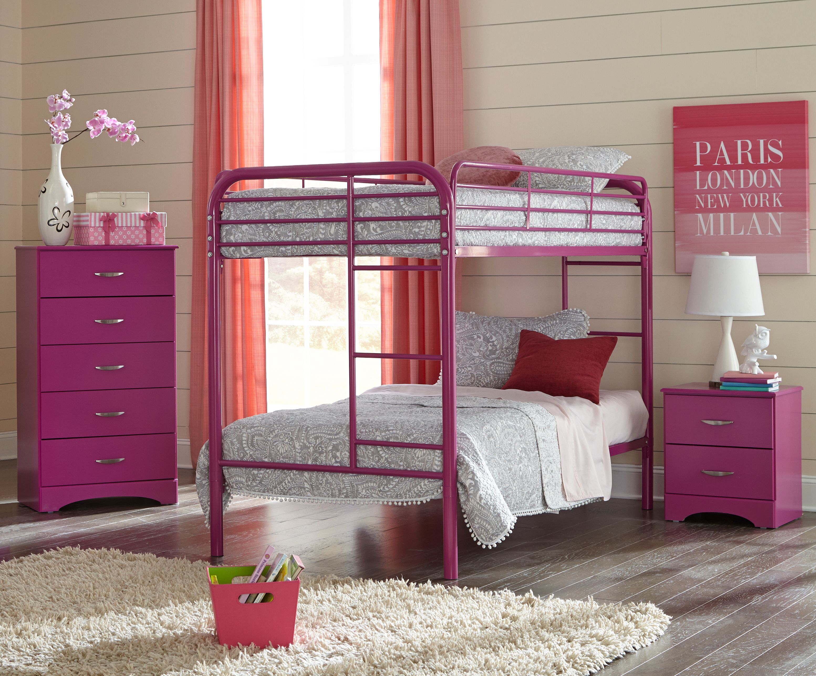 American Furniture Classics Raspberry Collection 171K3TT Three Piece Raspberry Bedroom set with attractive metal pulls including Twin over Twin Metal Bunkbed, Night Stand, and Five Drawer Chest - image 1 of 6