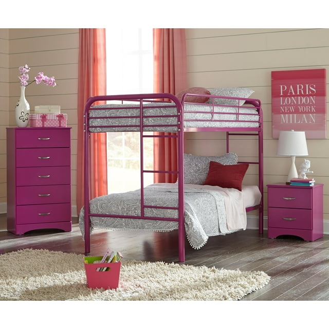 American Furniture Classics Raspberry Collection 171K3TT Three Piece Raspberry Bedroom set with attractive metal pulls including Twin over Twin Metal Bunkbed, Night Stand, and Five Drawer Chest