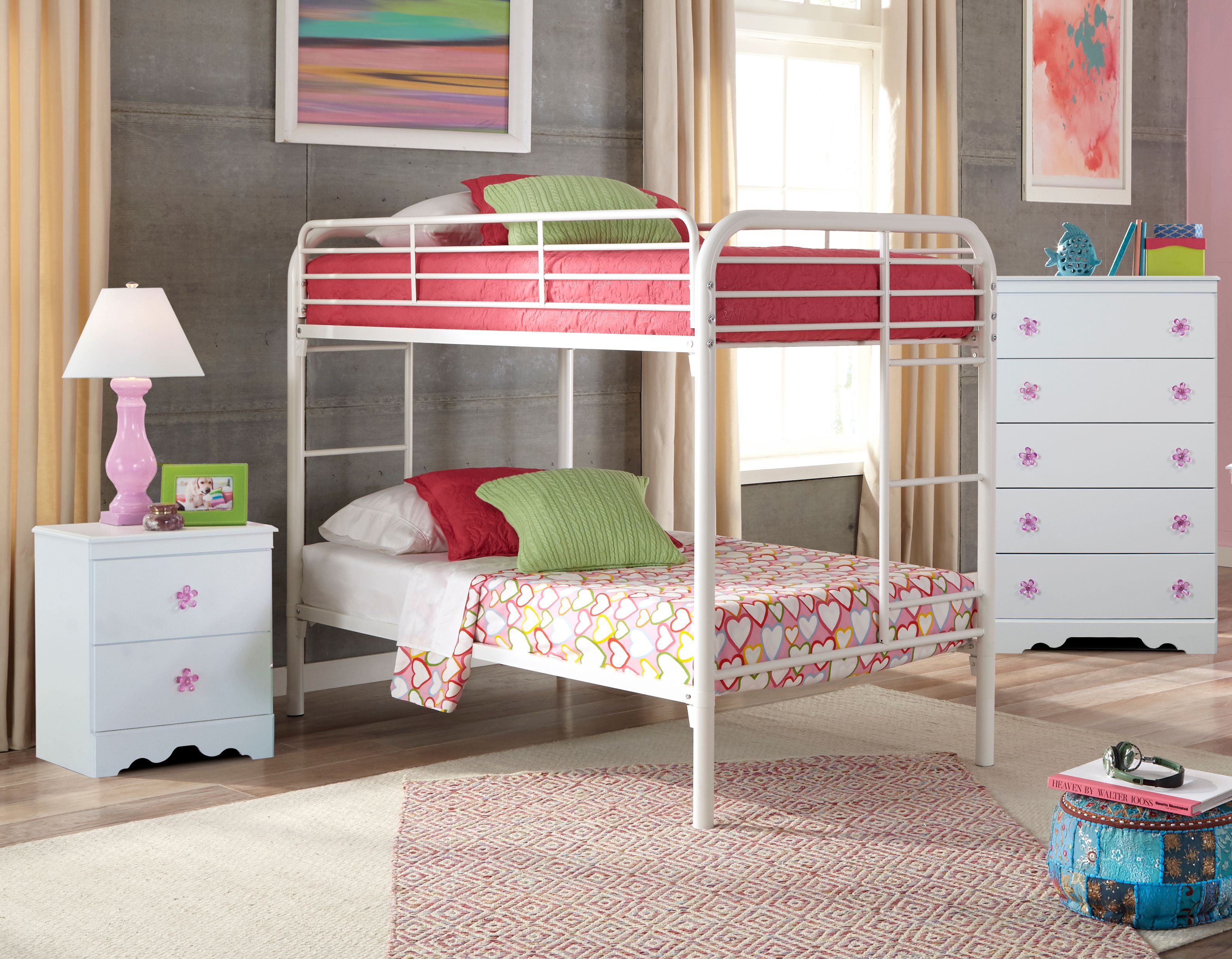 American Furniture Classics Savannah Collection 269K3TT Three Piece White Bedroom set with attractive pink and purple pulls including Twin over Twin Metal Bunkbed, Night Stand, and Five Drawer Chest - image 1 of 9