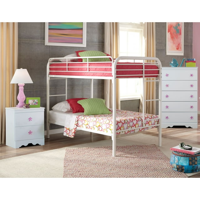 American Furniture Classics Savannah Collection 269K3TT Three Piece White Bedroom set with attractive pink and purple pulls including Twin over Twin Metal Bunkbed, Night Stand, and Five Drawer Chest