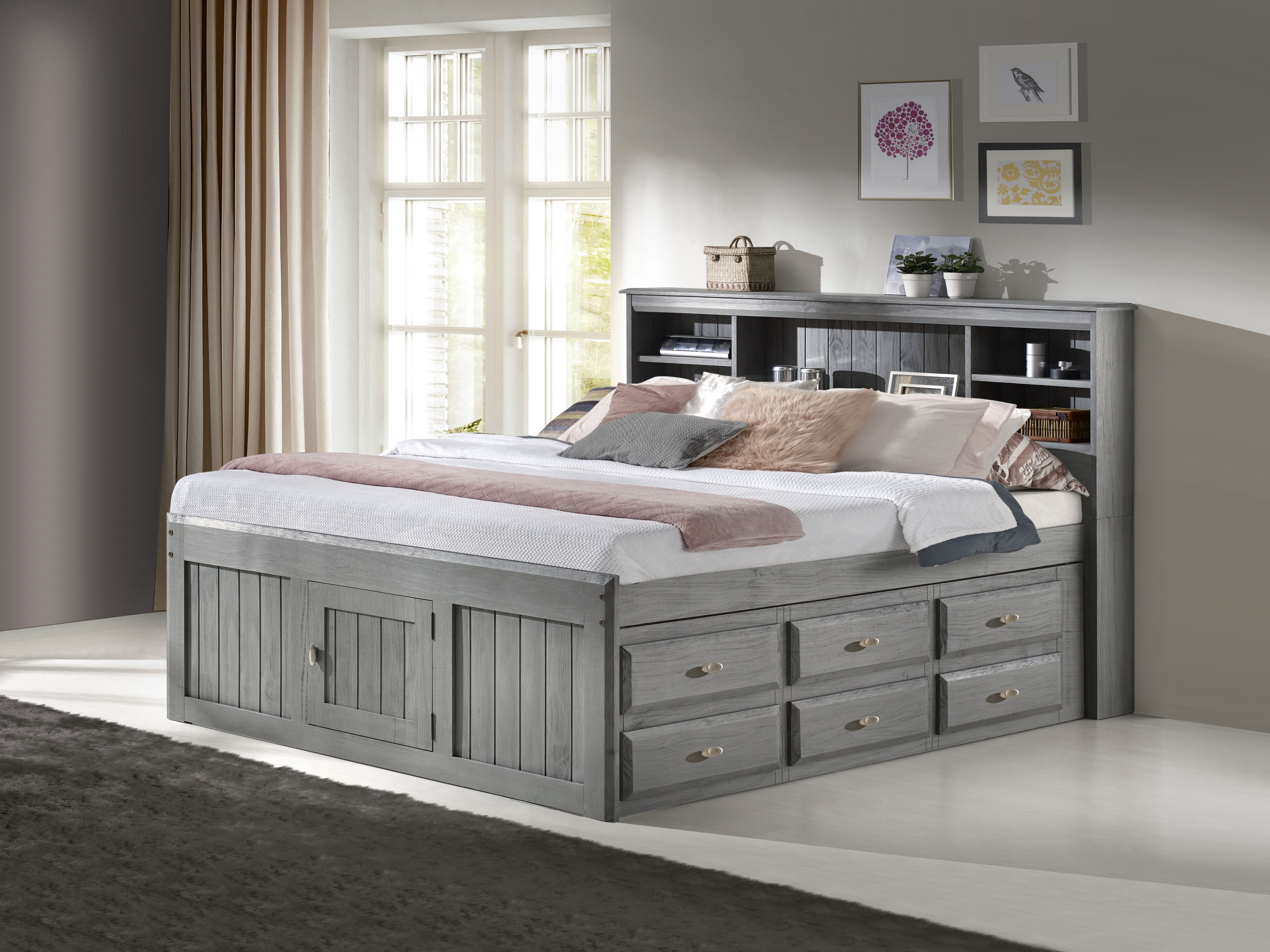 American Furniture Classics Solid Pine Queen Bookcase Bed with 6 Drawers in Charcoal