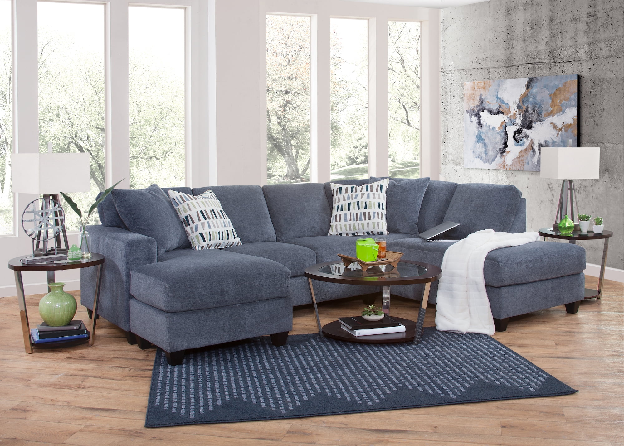 American Furniture Classics Transitional U-Shaped Sectional Sofa with 4 Throw Pillows, Blue - 2 Piece
