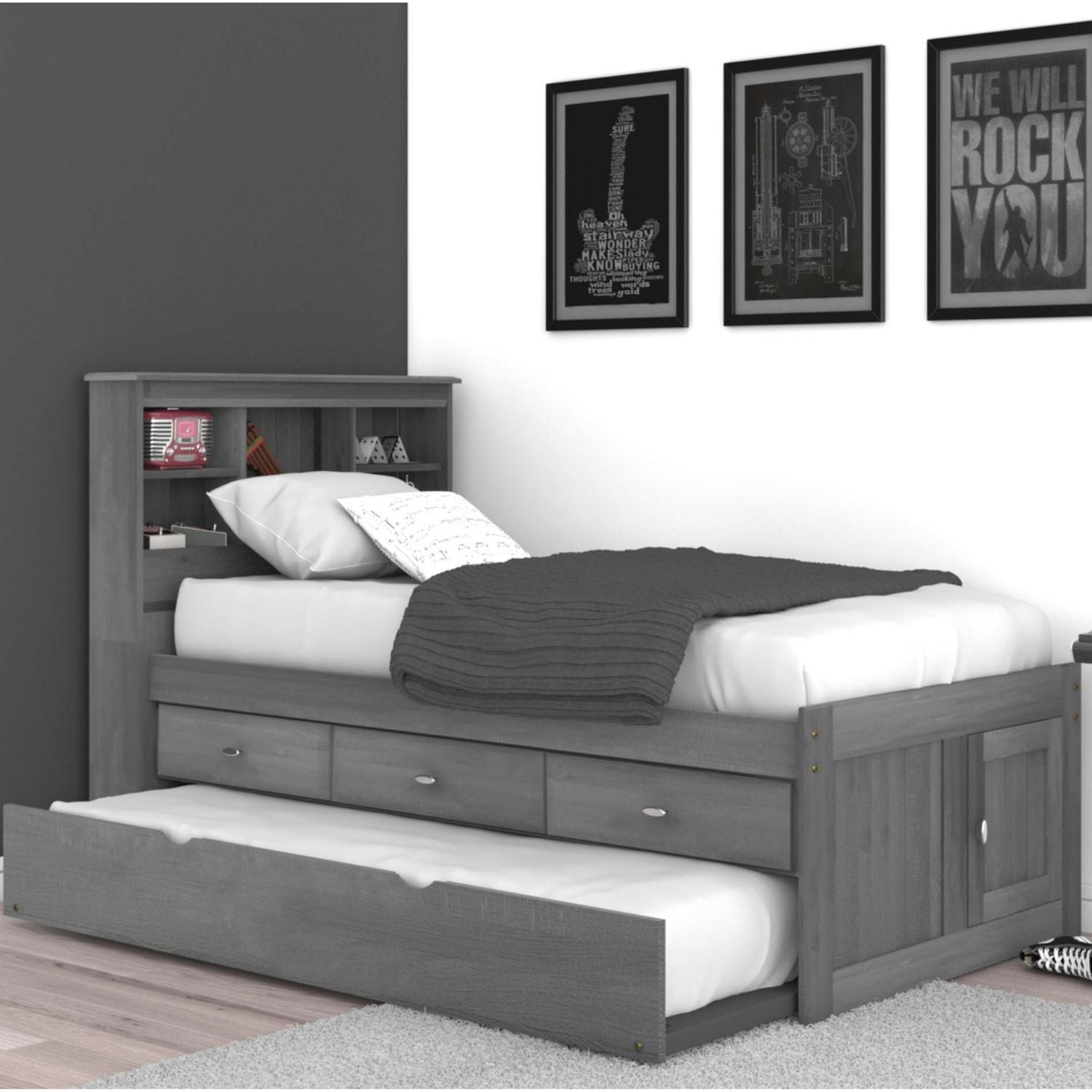 Charcoal Gray Solid Wood Twin Captain's Bed with Bookcase and Trundle
