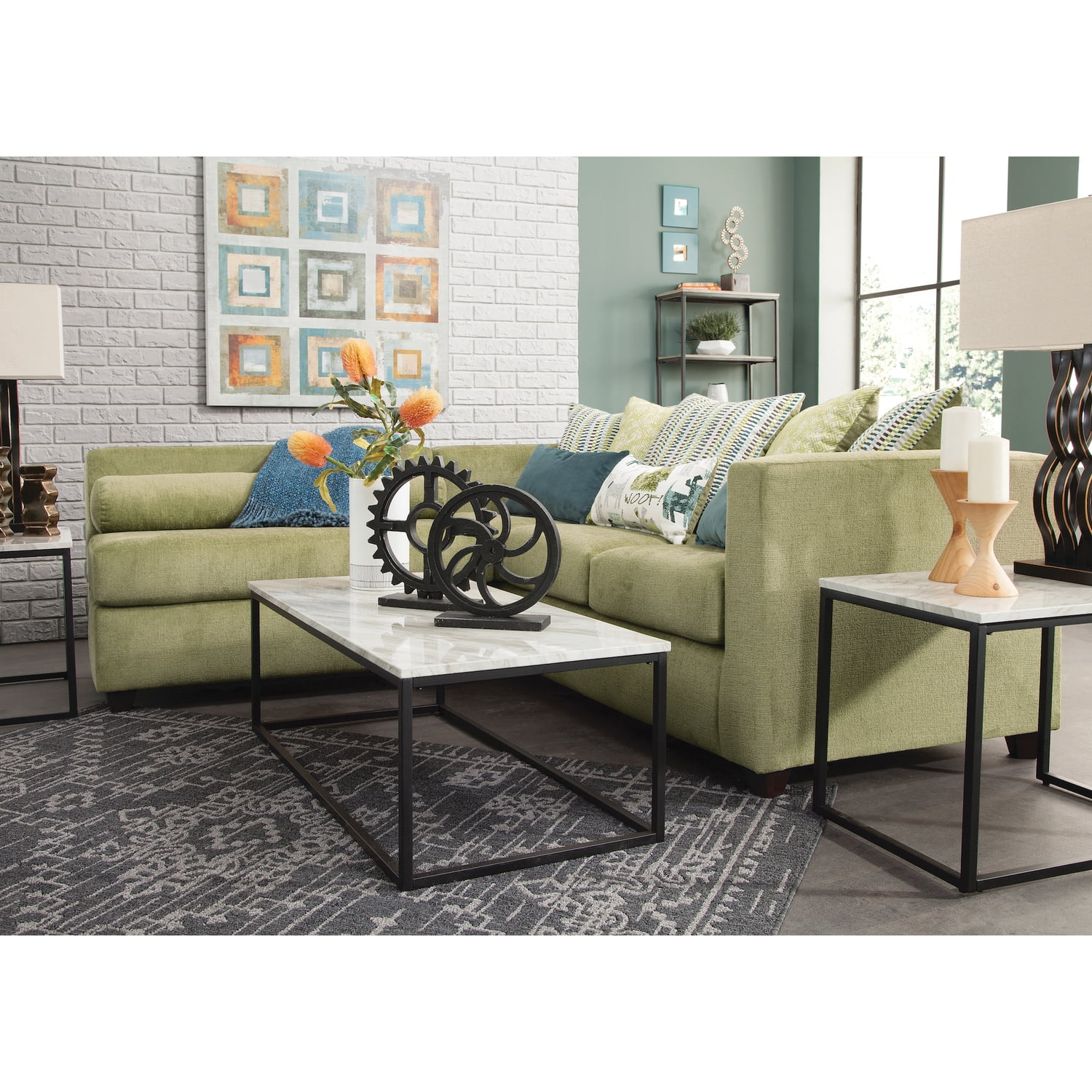 Fern Green Chenille Fabric 2-Piece Sectional Sofa with Throw Pillows