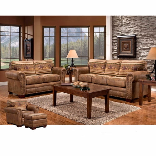Rustic Brown Microfiber and Tapestry 4-Piece Sofa Set