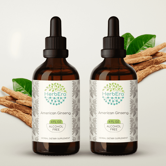 HerbEra American Ginseng Tincture, Herbal Dietary Supplement for Vitality and Energy Support, American Ginseng (Panax Quinquefolius) Dried Root Extract, Natural, Alcohol-Free, Drops 2x4 oz