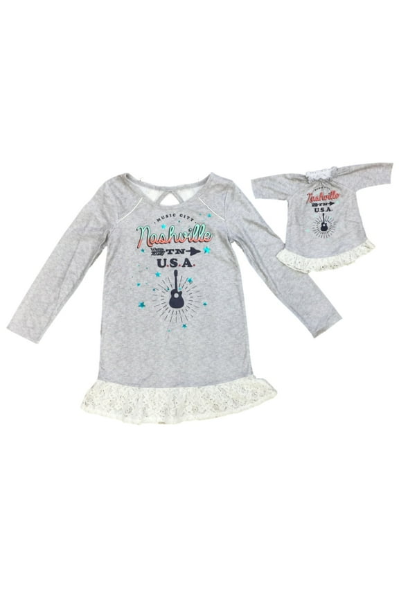 Girls Gray Nashville Nightgown & Doll Gown Set Music City 5-6