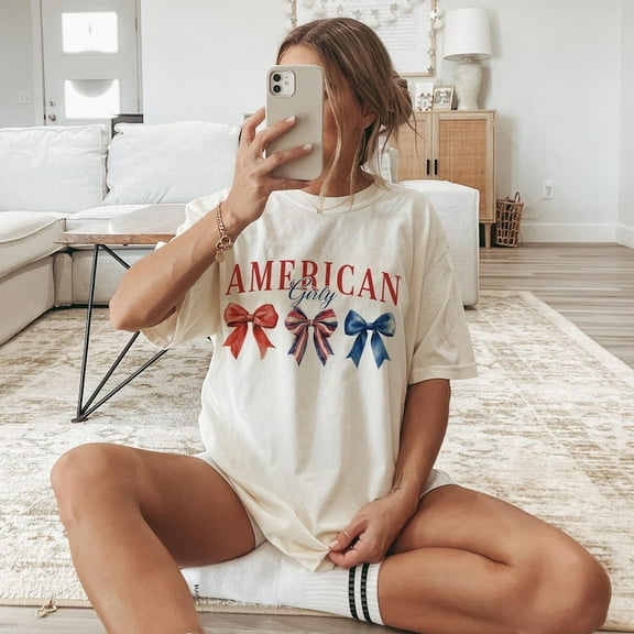 American Girly T-shirt, Coquette 4th of July, Retro USA Style, Cute Patriotic Girl Tee, Independence Day America Shirt