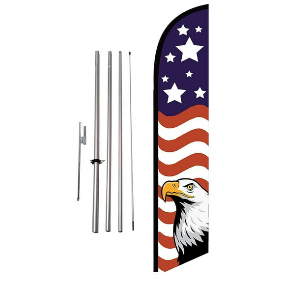 American Glory Patriotic American Eagle Feather Banner Swooper Flag Sign with 15 foot Flag Pole Kit and Ground Stake, Stars On Top, USA