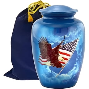 American Glory Adult Cremation Urn for Ashes, Patriotic Eagle & American Flag Memorial Urn, Hand Painted Aluminum Alloy, Secure Lid, Velvet Bag, Large 210 Cubic Inches