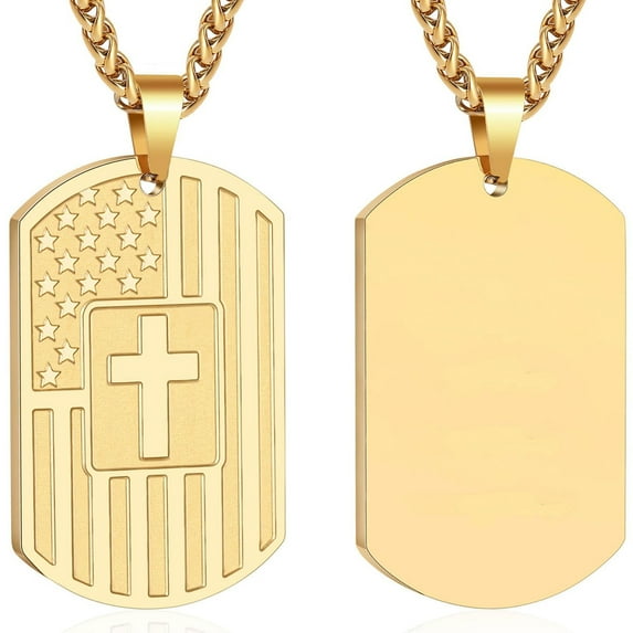 APSVO Gold Dog Tag Cross Necklaces for Men Boys American Flag Pendant Chain Catholic Christian Religious Birthday Valentines Day Jewelry Gifts Teen Him Dad Boyfriend Male Son Adults Kids Age Ideas