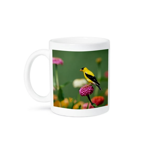 3dRose, American Goldfinch male on Zinnias in garden, Marion, IL, 15oz Mug