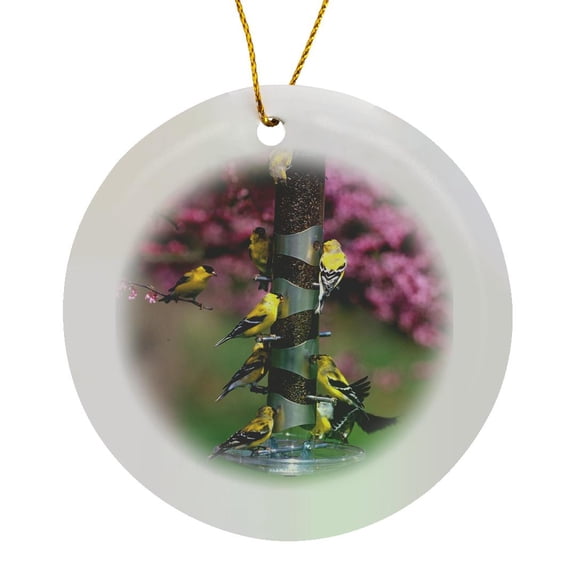 3drose, American Goldfinches on Thistle Tube Feeder in Redbud Tree, Marion, Il, Circle Porcelain Ornament