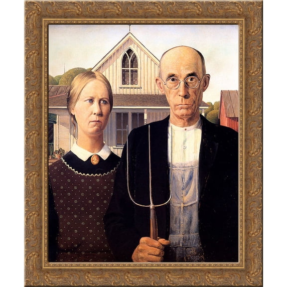 American Gothic 24x20 Gold Ornate Wood Framed Canvas Art by Grant Wood