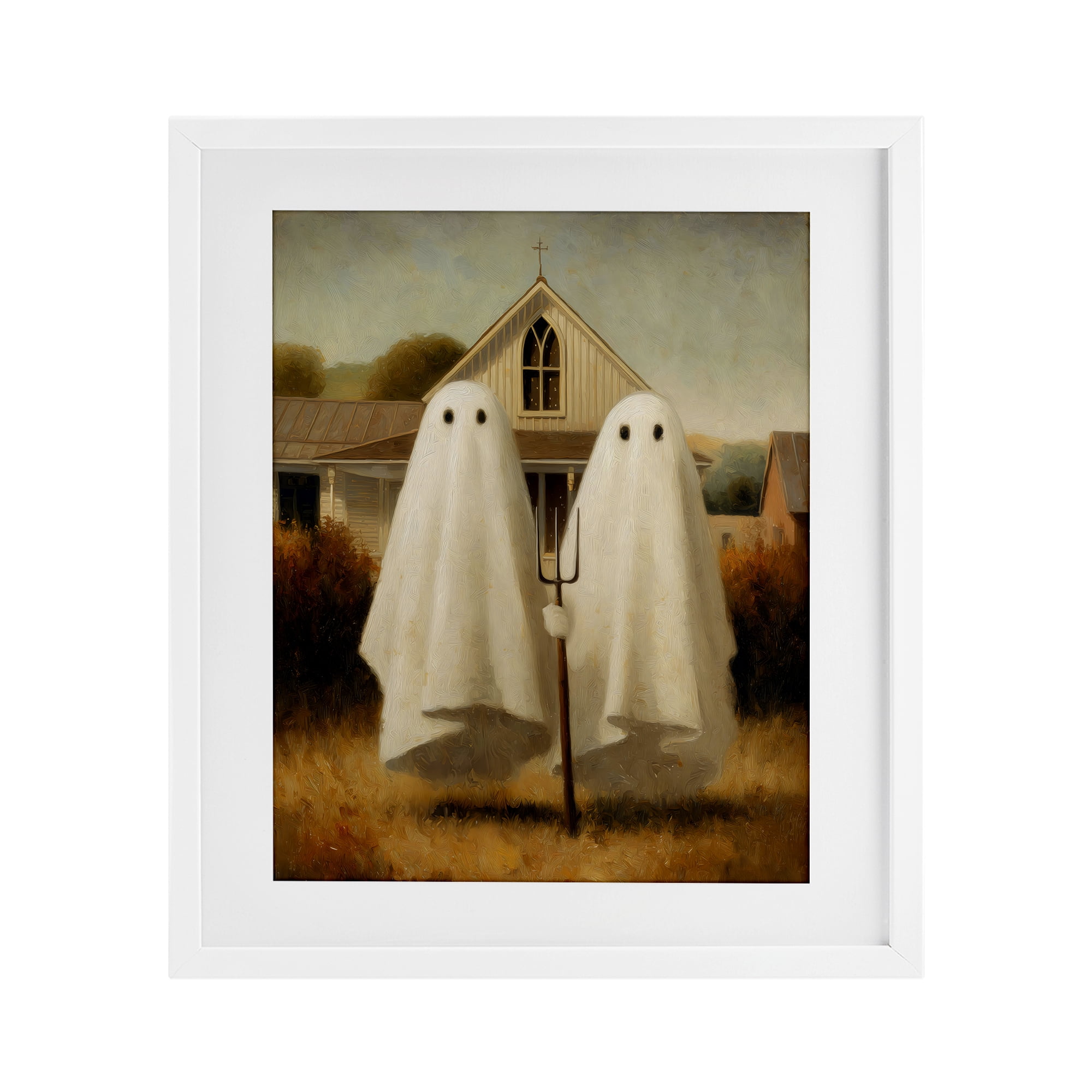 American Gothic Ghosts White Framed Print Under Glass, design by Arlington Prints