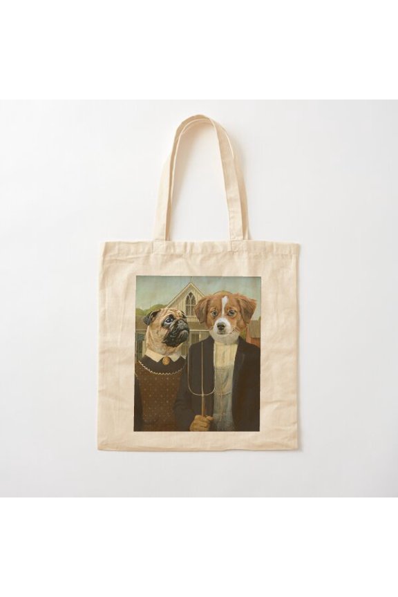 American Gothic Pug Dog Illustration Painting Canvas Tote Bags, Reusable Shopping Bag