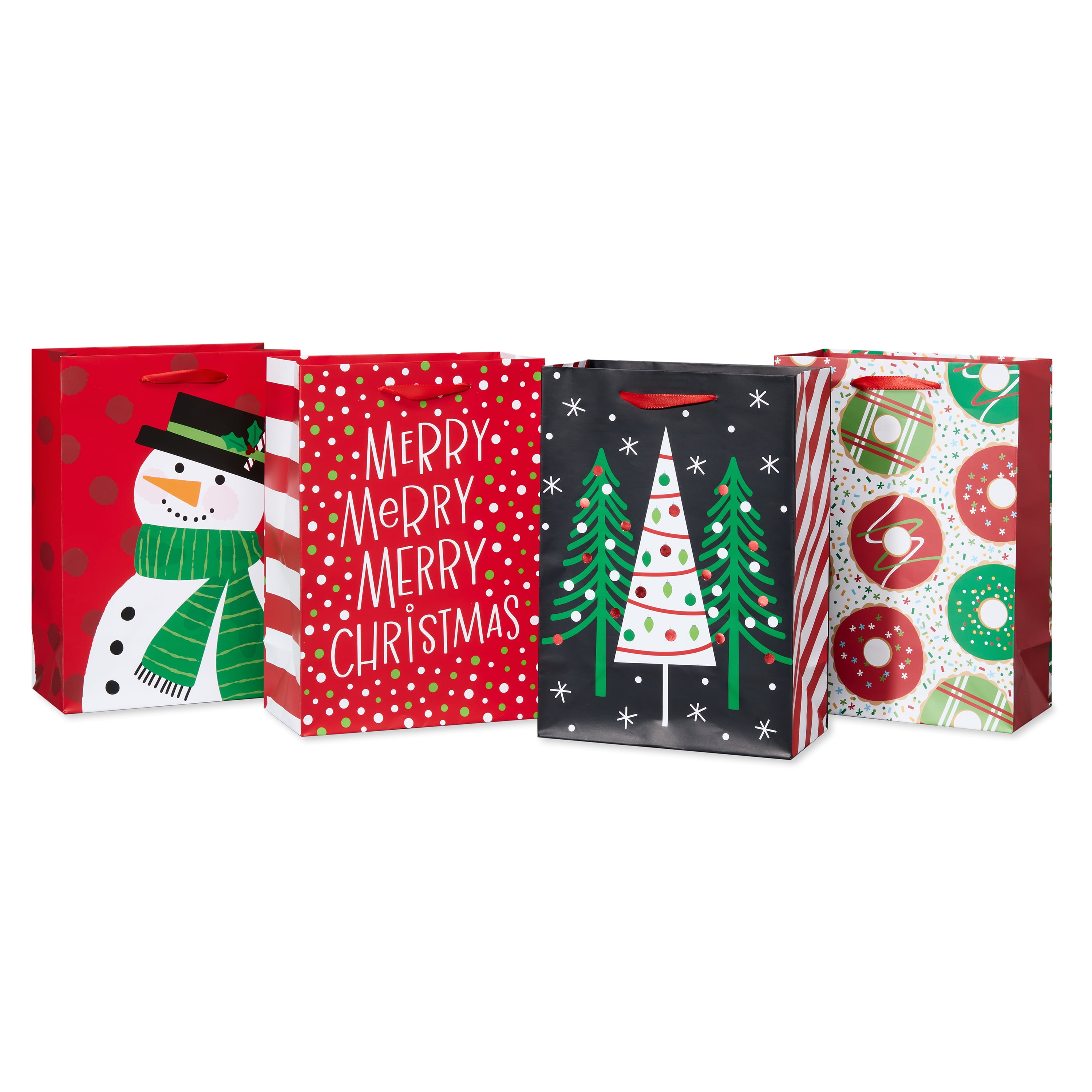 American Greetings 10 Medium Christmas Gift Bags Red White Green and Black Winter Designs 4 Bags