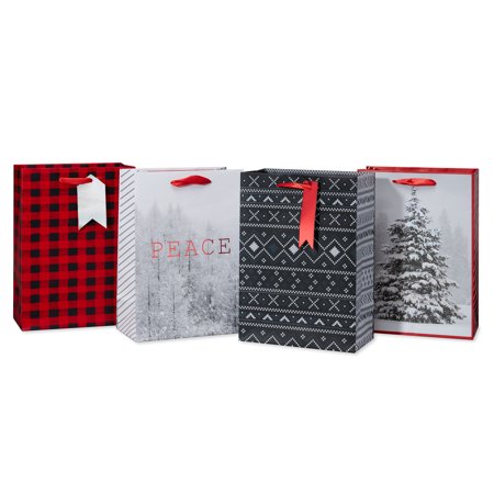 American Greetings 4-Count Medium Winter Gift Bags, Assorted Red Buffalo Plaid, Snow Trees & Nordic Patterns
