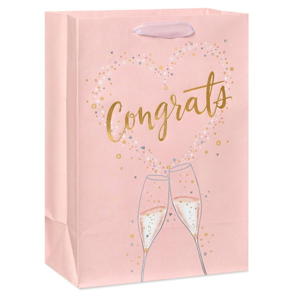 American Greetings 10" Medium Pink Wedding and Engagement Gift Bag, Champagne Glasses (1-Count)