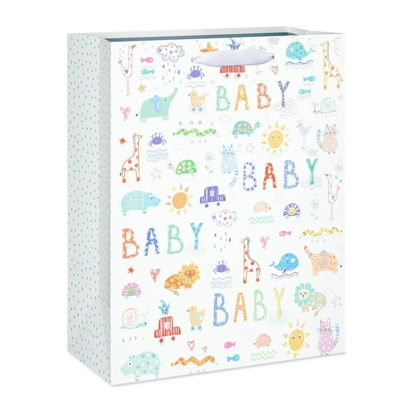 American Greetings 12.75 in. Large White Baby Shower Gift Bag, Zoo Animals (1-Count)