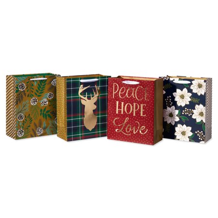 American Greetings 4-Count Large Winter Gift Bags, Plaid Reindeer, Poinsettia, Pinecone & Peace Designs