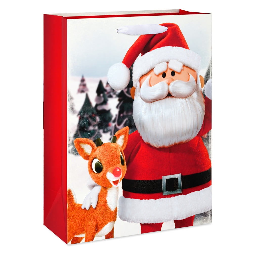 American Greetings 13 in. Santa and Rudolph Christmas Red Gift Bag (1-Count)