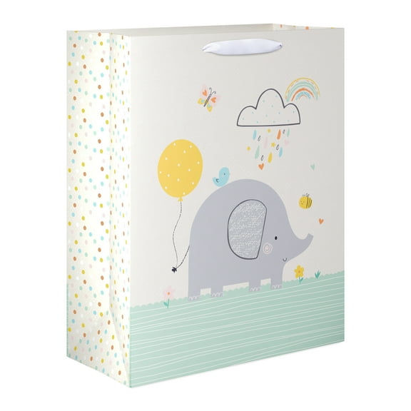 American Greetings 15.5 in. Extra Large Ivory Yellow Baby Shower Gift Bag, Elephants Balloons (1-Count)