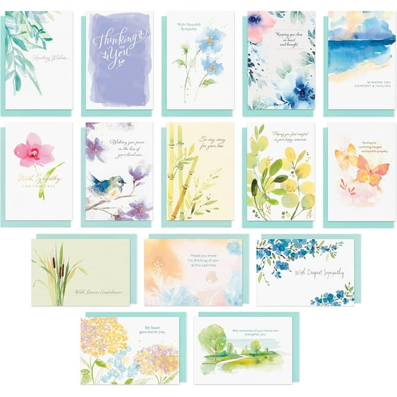 American Greetings 15-Count Sympathy Card Assortment with Envelopes and Seals (Watercolor Nature)