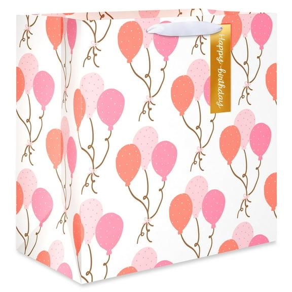 American Greetings 15 in. Jumbo White Birthday Square Bag with Hang Tag, Pink Balloons (1-Count)