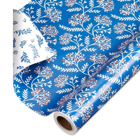 American Greetings 175 sq. ft. Reversible Wrapping Paper for Weddings, Baby Showers, Bridal Showers, Anniversaries, Birthdays and All Occasions, Blue Floral Damask (1 Roll, 30 in x 70 ft.)