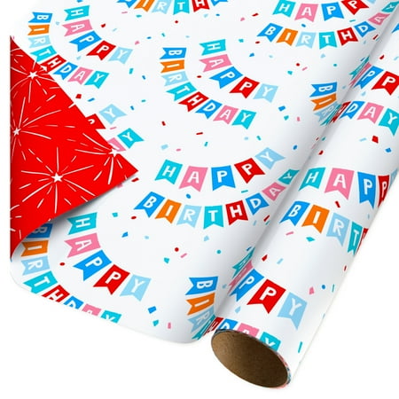 American Greetings 30" Reversible Birthday Wrapping Paper, Celebratory Banner (1-Roll, 20 Sq. ft.)