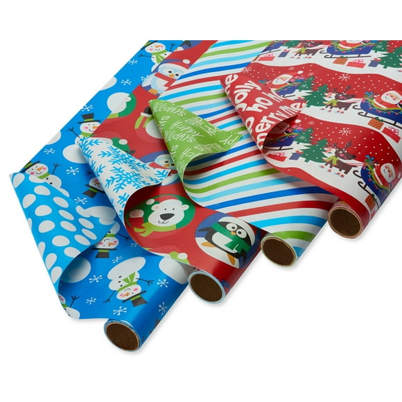 American Greetings 30" Reversible Christmas Wrapping Paper, Blue and Red Snowmen, Santa, Stripes and Characters (4-Rolls, 160 Sq. ft.)