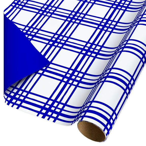 American Greetings 30 in. Blue Reversible Wrapping Paper, Solid & Plaid (1-Roll, 20 Sq. ft.)