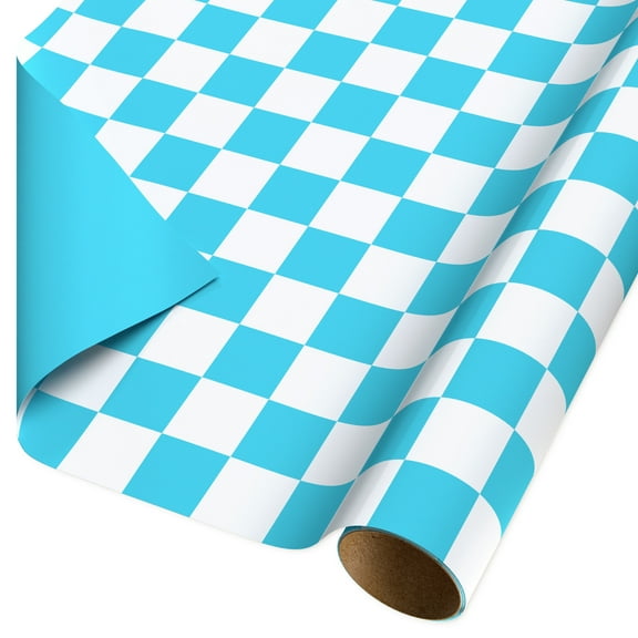 American Greetings 30 in. Teal Reversible Wrapping Paper, Solid & Checkered Patterns (1-Roll, 20 Sq. ft.)