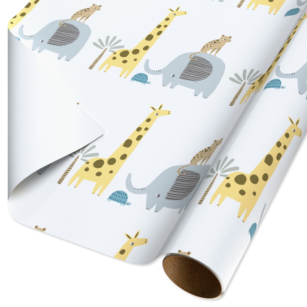 American Greetings 30 in. White Baby Shower Wrapping Paper, Jungle Animals (1-Roll, 20 Sq. ft.)