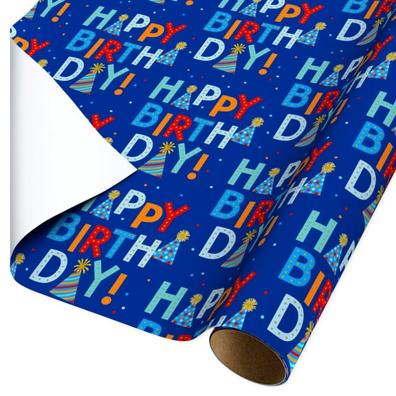 American Greetings 30 in. x 192 in. Blue Happy Birthday Wrapping Paper (1-Roll, 40 Sq. ft.)