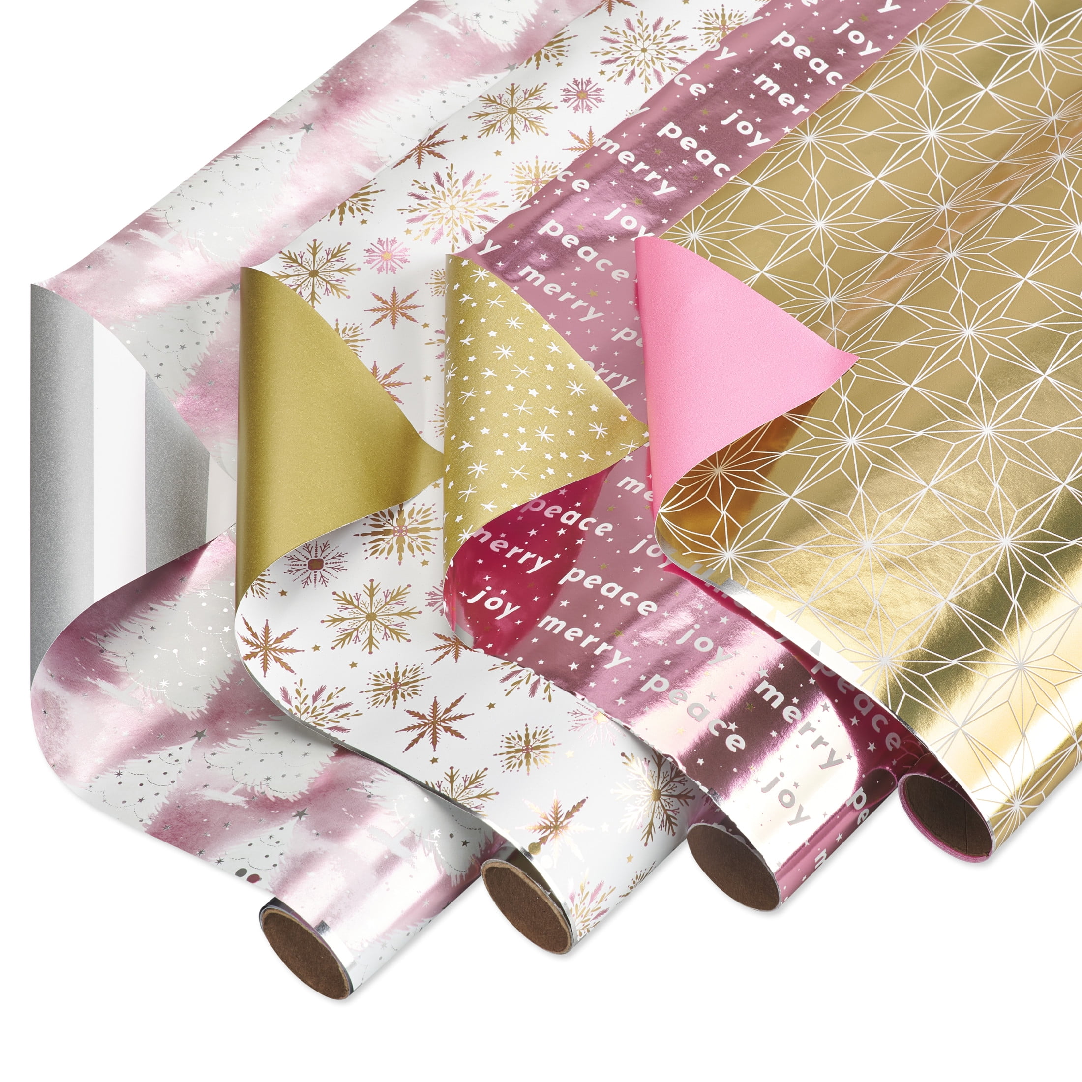 American Greetings 80 sq. ft. Gold & Pink Christmas Wrapping Paper Bundle (Stars) for Christmas, Hanukkah and All Holidays (4 Rolls 30 in. x 8 ft.)