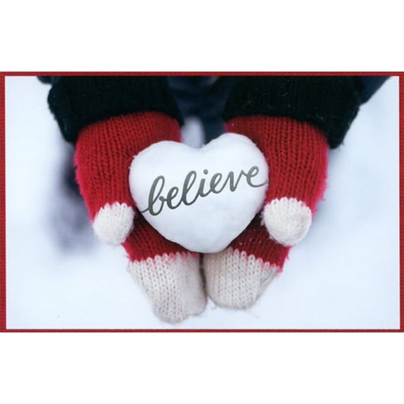 American Greetings Believe : White Heart Shaped Snowball : Red Mittens Box of 12 Christmas Cards
