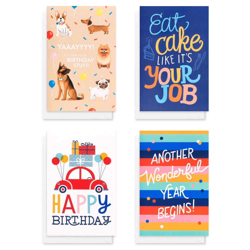 American Greetings Birthday Card Boxed Assortment for Anyone, 4 Designs, Dogs, Birthday Icons Muti-Colored (12-Count)