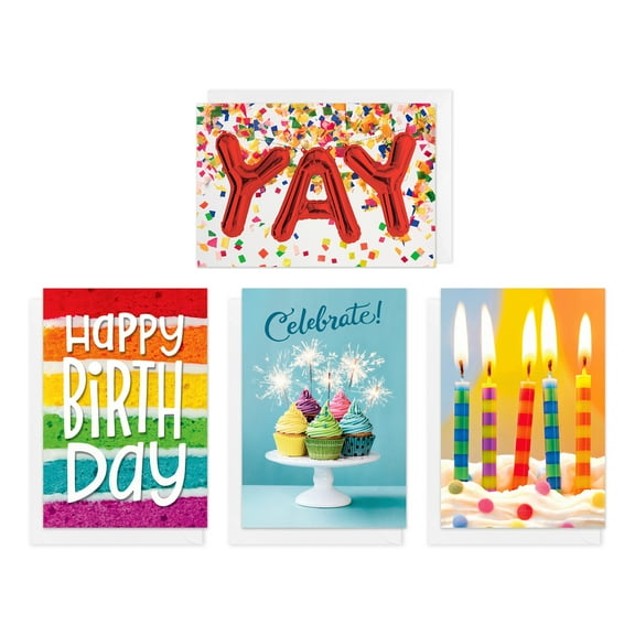 American Greetings Birthday Card Bundle for Anyone, Balloons, Candles, Cupcake, Rainbow (4-Designs, 12-Count)