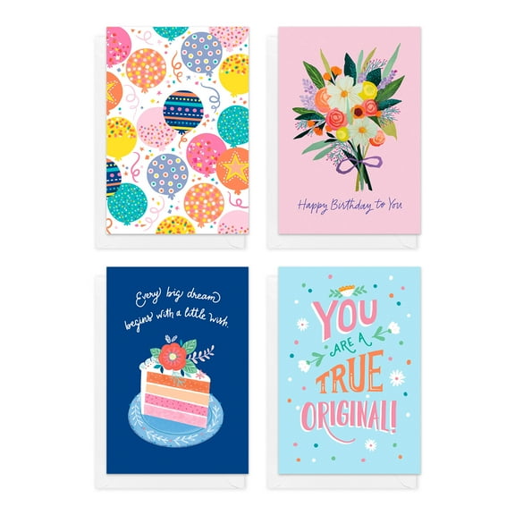 American Greetings Birthday Card Bundle for Anyone, Balloons, Floral, Cake, Yay (4-Designs, 12-Count)